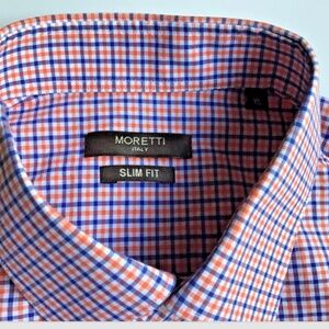 Moretti Italy slim fit navy & red checkered cotton dress shirt Sz XL